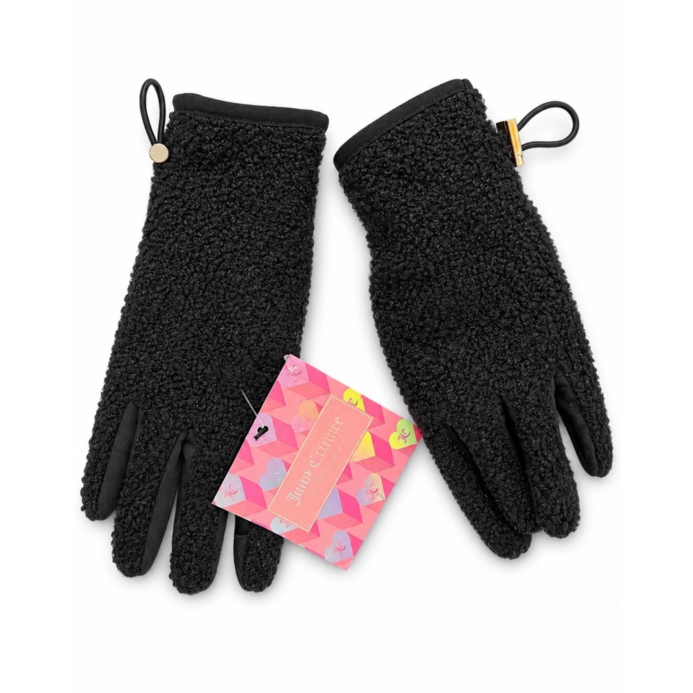 Juicy Couture Sherpa Tech Gloves Womens One Size Black NEW Faux Shearling Gold